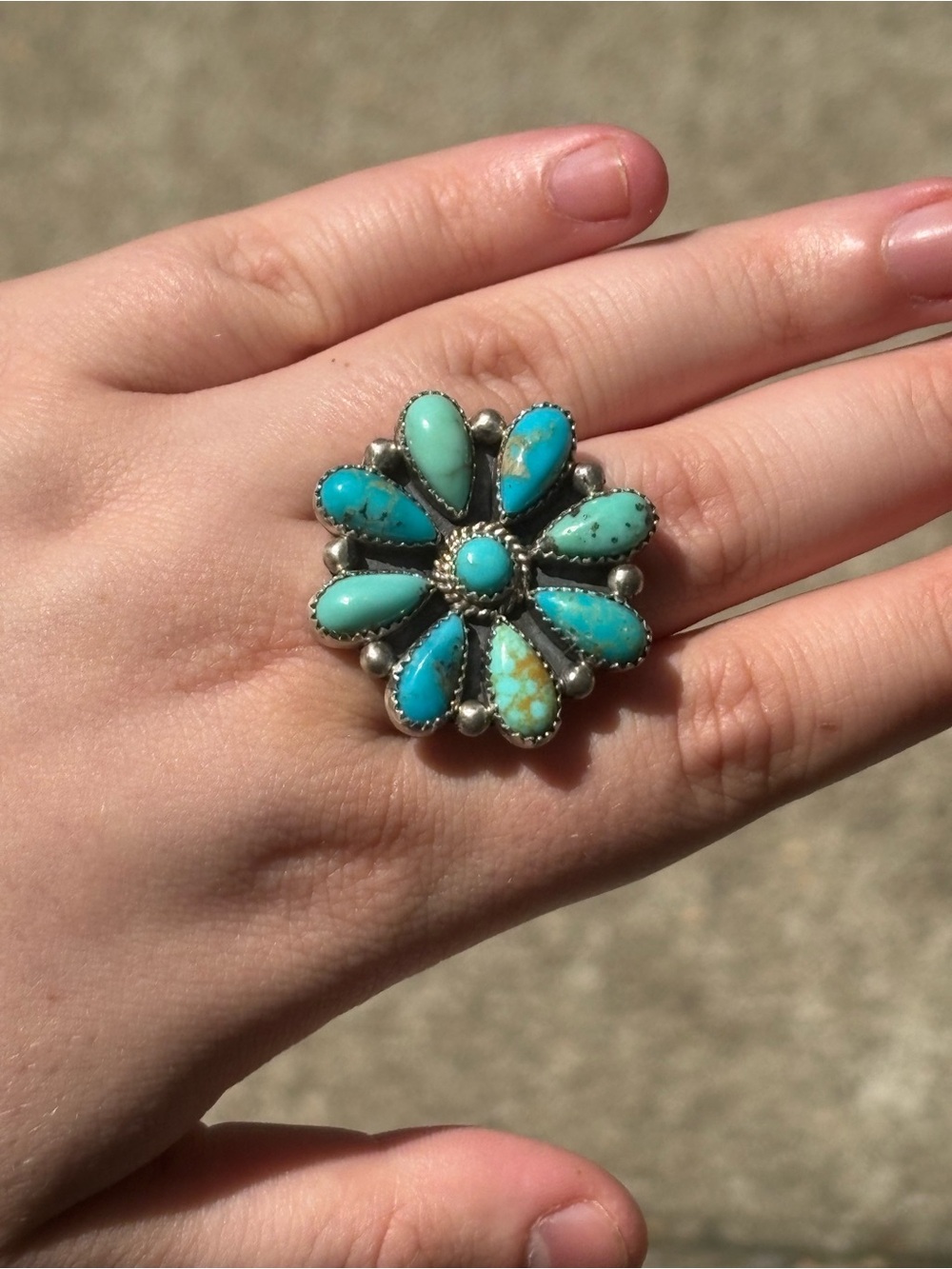 Navajo made and signed adjustable turquoise cluster flower ring by Tricia Smith!